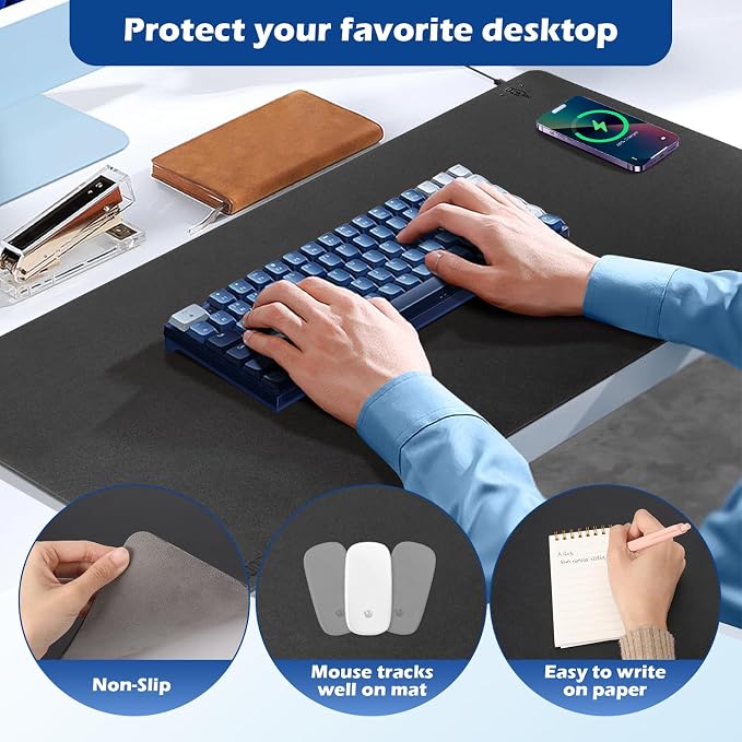 Wireless Charging Desk Mat, Mouse Pad,Black-R, 32 * 16inch | Desk Pad for Desktop Charging, Large Mouse Pad, Waterproof Leather Computer Mat, Non-Slip Protector, For Keyboard and Mouse - Image 5