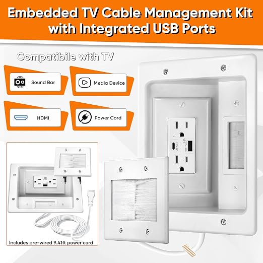 in-Wall TV Cable Management Kit with Power, AC Outlet & USB-A + USB-C Ports | Integrated Embedded Design, Perfectly Compatible with Structured Cabling - Image 3