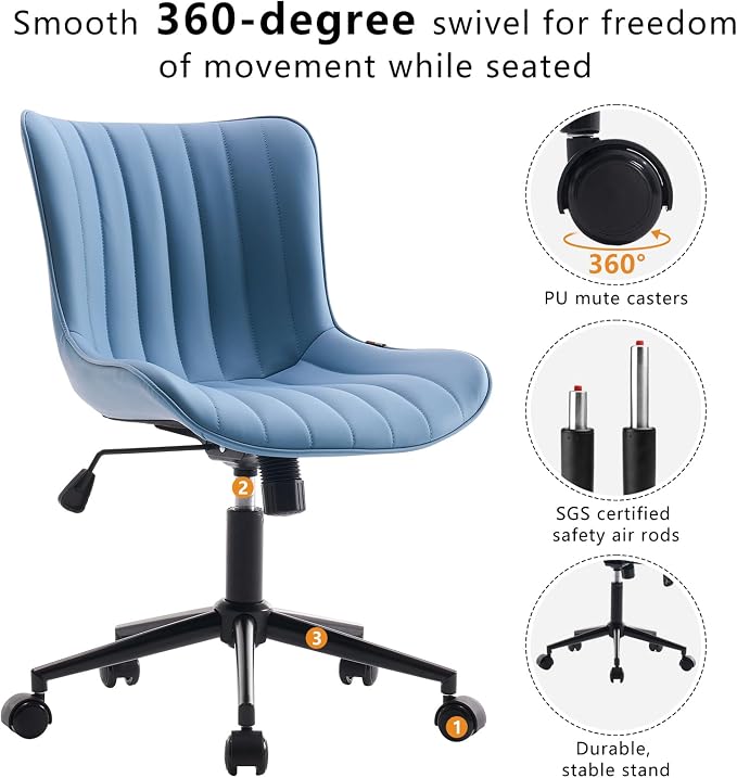 YOUNIKE Office Desk Chair with Wheels Armless Vanity Chair Modern Blue | Faux Leather Upholstered with Rocking Back, Swivel Height Adjustable Small Cute Computer Rolling Task Chair Ergonomic 300lb - Image 4