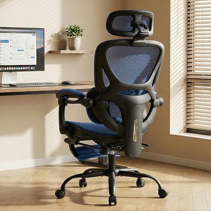 MALOL Ergonomic Mesh Office Chair with Footrest, Executive High Back Computer Desk Chair with 3D Adjustable Headrest & 5-Level Lumbar Support, Reclining Tilt Lock, 3D Arms, 300LBS Capacity, Blue - Image 9