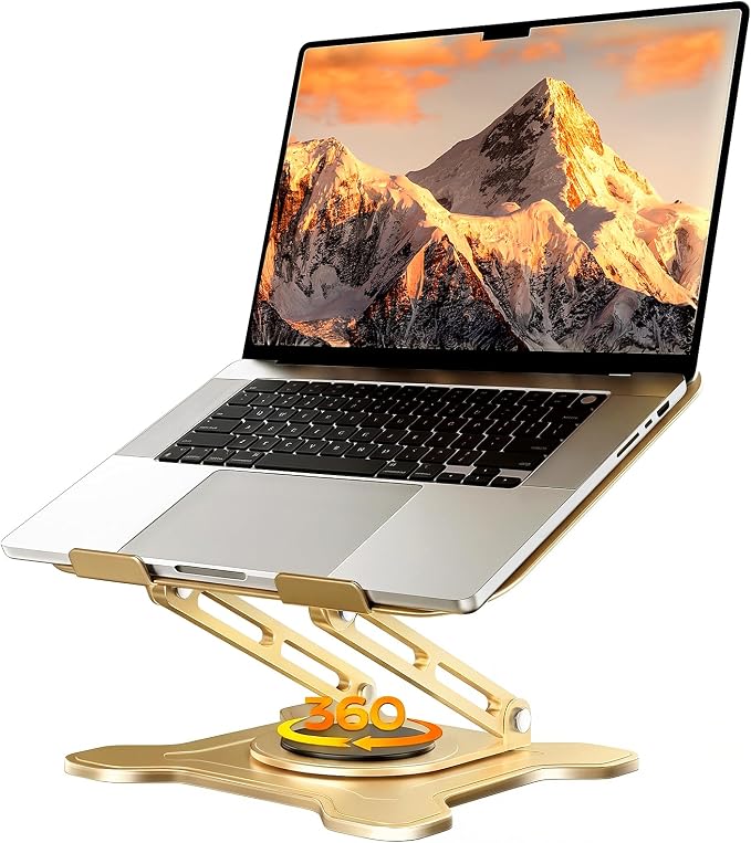 JCZT 360° Rotating Laptop Stand for Desk, Metal Foldable Laptop Riser Gold | Ergonomic Portable Adjustable Laptop Stand, Ventilated Cooling Notebook Holder for MacBook Air Pro, All 10-16'' Laptops by JCZT