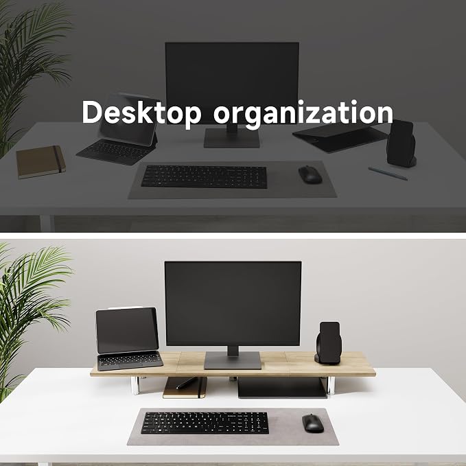 Fenge 39.4” Dual Monitor Stand with Height Adjustable Legs, Oak | Wooden & Steel, Ergonomic Height 3.6" to 4.4", Underneath Storage, Holds up to 99lbs, Laptop Monitor Stand for Home Office - Image 5