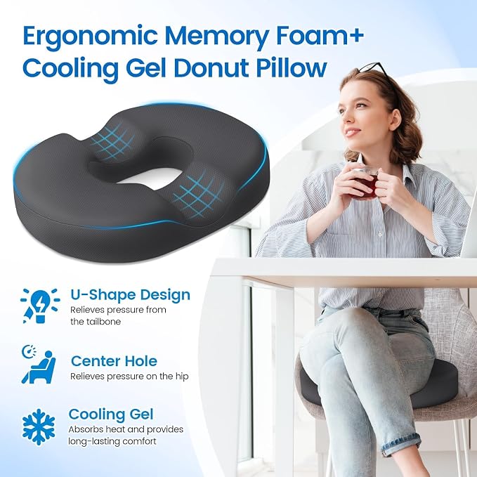 Donut Pillow Seat Cushion, Cooling Gel Memory Foam Chair Cushion, Grey | Office, Home & Car Seat Cushion, Butt Pillow for Tailbone Pain Relief, Hemorrhoids and Everyday Sitting Comfort - Image 3