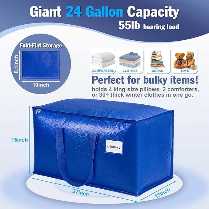 KYODOLED 8 Pack Blue Moving Bags, 24 Gal Large Storage Totes for College | Water-Resistant, Wide-Zipper Opening, Label Window, Heavy Duty Packing Bags for Clothes, Bedding and Dorm Moves, 27x13x15 - Image 2