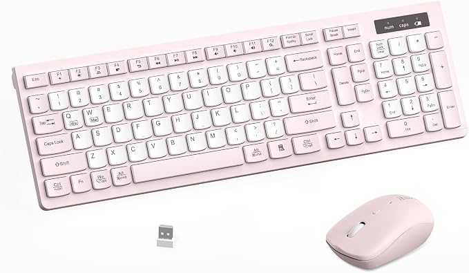 Wireless Keyboard and Mouse Combo Silent for Office and Home(Pink-B) | 2.4G Full Size Silent Cordless Keyboard with Tilt Legs,3-Level DPI Quiet Mouse,for Windows/Mac OS/Desktop/Laptop/PC by RECCAZR