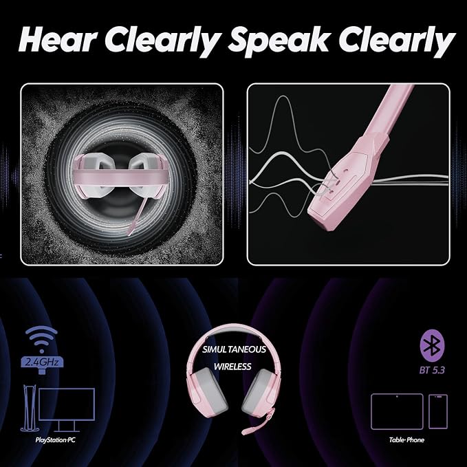 NUBWO G06 Dual Wireless Gaming Headset with Mic for PS5, PS4, PC, Mobile, Switch: 2.4GHz Wireless + Bluetooth - 100 Hr Battery - 50mm Drivers - Pink - Image 8