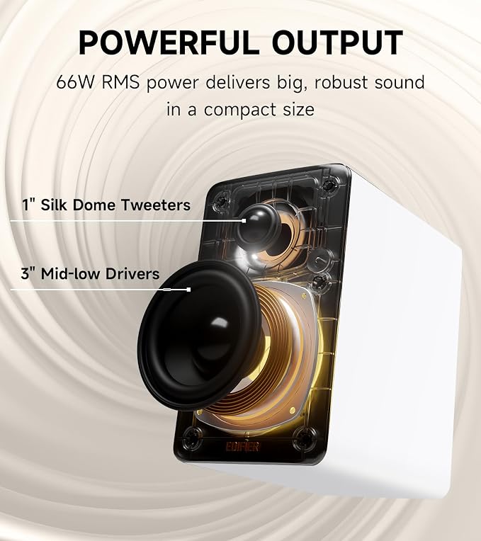 Edifier M60 Multimedia Speaker, 66W RMS Computer Speaker, White | Bluetooth 5.3, Hi-Res Audio with LDAC, 3" Mid Bass & 1" Tweeter, USB-C AUX Inputs, Compact Desktop Speaker - Image 3