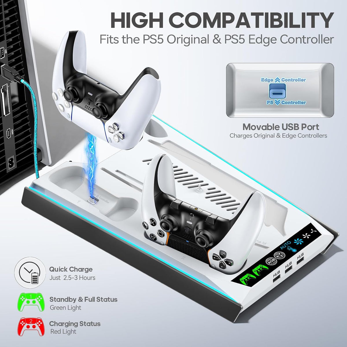 Rysker PS-5/Slim/Pro Stand for Disc & Digital Version, PS-5 Cooling Station with RGB Ambient Lighting, Controller Charger Built-in 3 Level Fan, PS-5 Cooling Stand for PlayStation 5 Case - Image 4