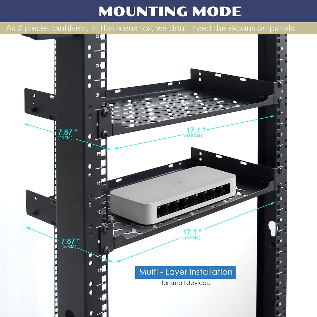1U Rack Shelves (2-Pack), 1 PCS 8" Deep Cantilever & 1 PCS 12" Deep Cantilever, with Optional Joints to Combine as One Full Size Server Rack Shelf - Image 5