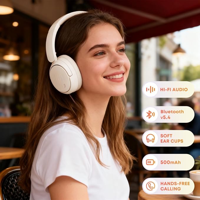 Bluetooth Headphones with Active Noise Cancelling (ANC), Wireless Over Ear Bluetooth Headsets with 35H Playtime, HiFi Stereo Foldable Headphones with Foam Ear Cups for Sports, Travel, White - Image 2