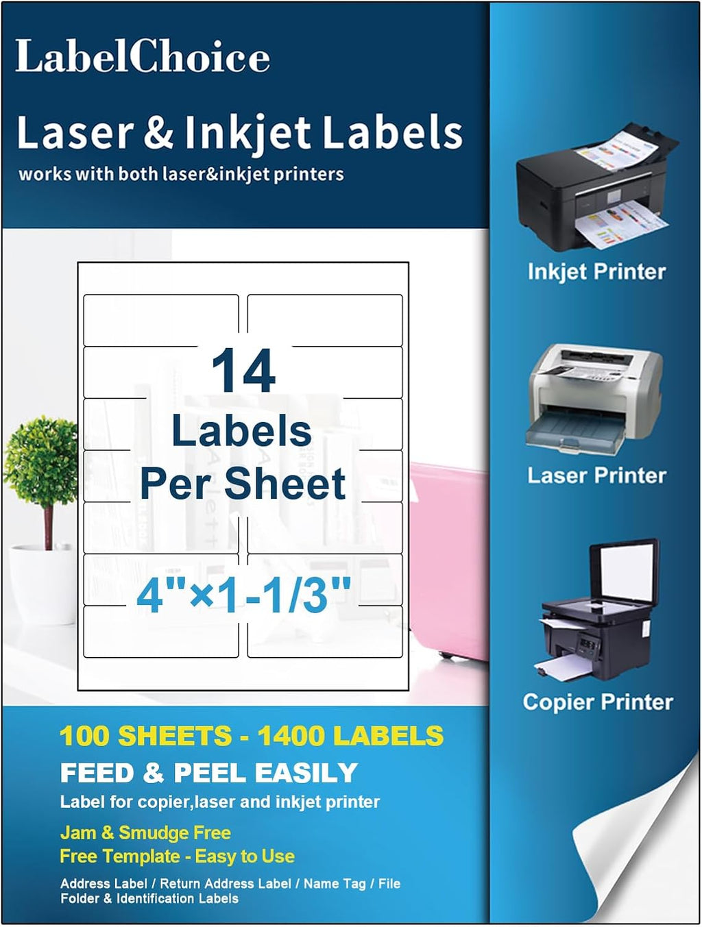 100 Sheets 1400 Labels 4" x1-1/3 14 Up Mailing Address Labels Stickers for Laser & Inkjet Printers, Labelchoice 4" x 1.33" 14 Per Page Strong Adhesive Internet Mailing Shipping Label (1-1/3x4-100P) by LabelChoice