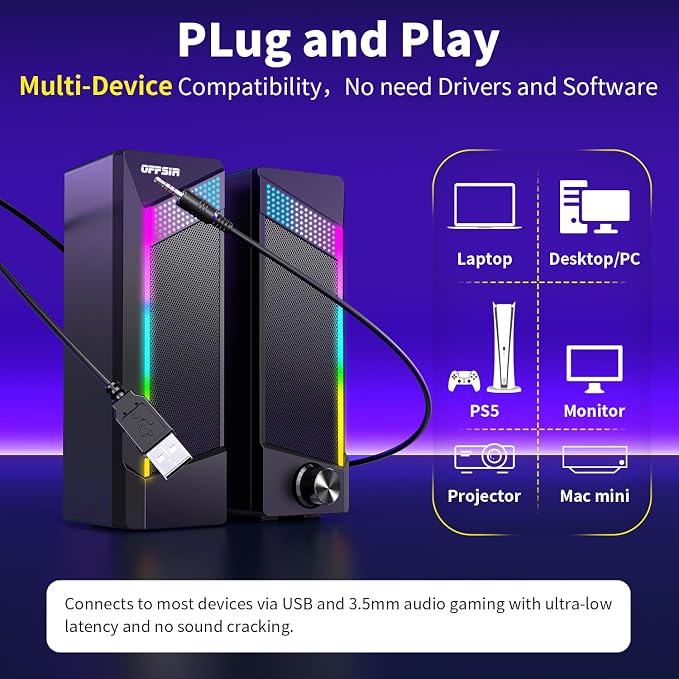 Computer Speakers, 2 in 1 PC Speaker , Gaming Speakers for PC Computer Laptop Desktop Monitor, RGB Speakers with Touch Sensitive Lighting, USB Powered 3.5mm Aux（Package Only Two Speaker, No Soundbar） - Image 5