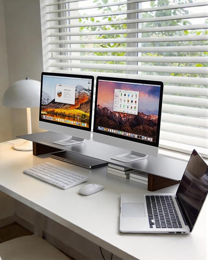 Aluminum Dual Monitor Stand Riser, Ergonomic Desktop Shelf with Wooden Legs - 42.5” Wide Heavy Duty Computer Stand for Home Office, Desktop Monitor Riser for PC, iMac, MacBook, Laptop - Image 6