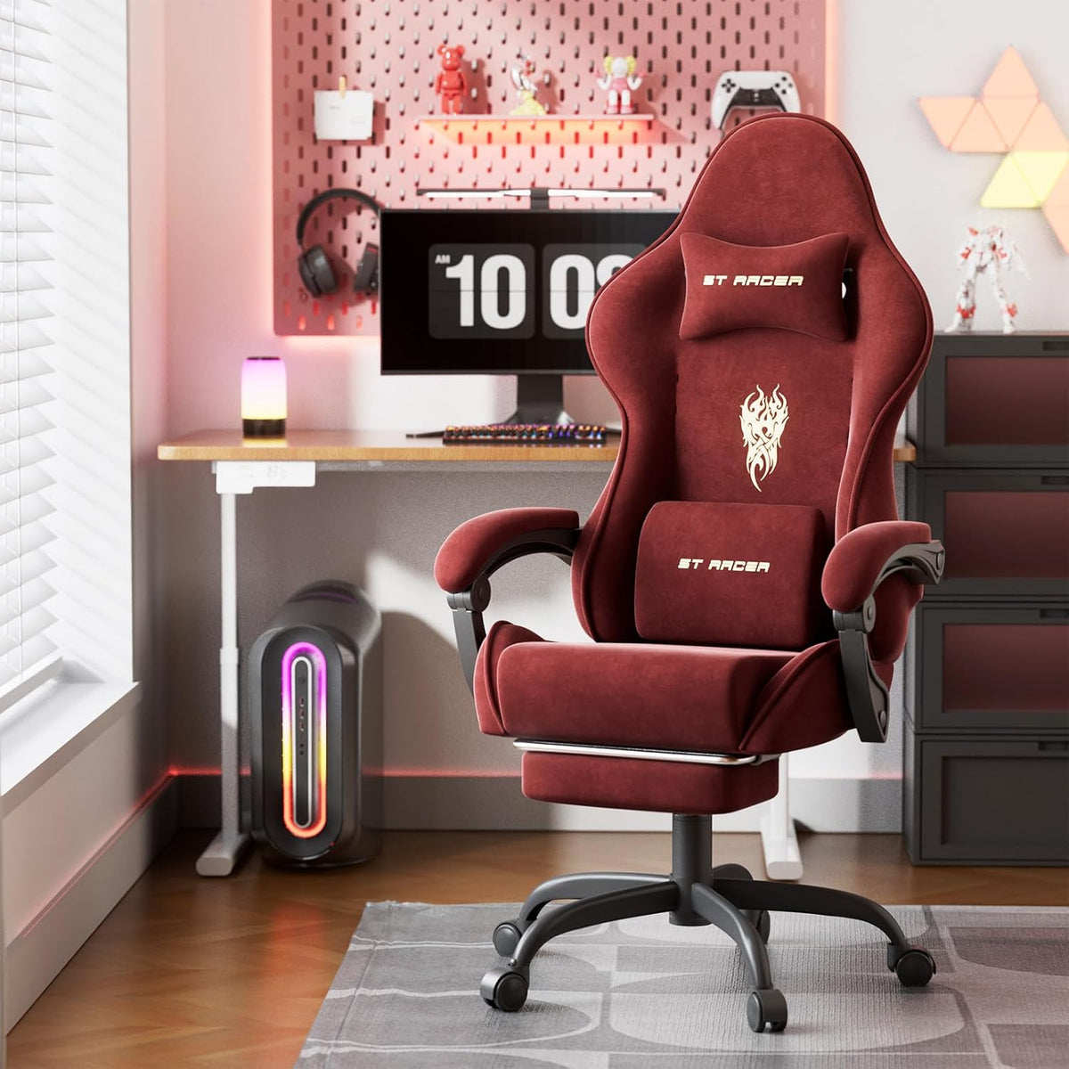 Velvet Fabric Gaming Chair, High Back Ergonomic Gamer Chair for Adult, Comfortable Video Game Chair with Footrest and Massage Lumbar Cushion, Racing Reclining Office Computer Desk Chair Red - Image 2