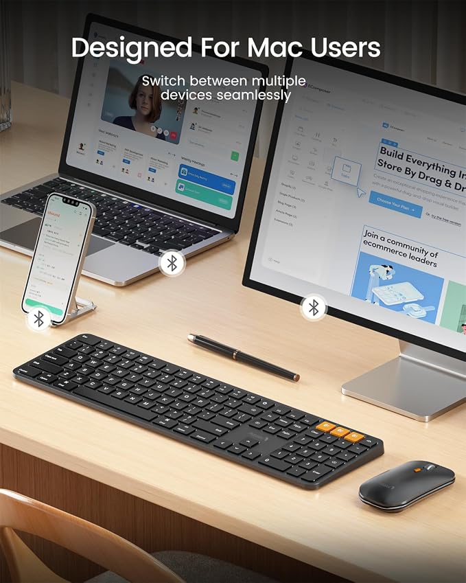 ProtoArc KM100-A Backlit Bluetooth Keyboard Mouse Combo for Mac, Black | Full-Size Mac Layout with Numeric Keypad, 3-Level White Led Backlight, 3-Device Bluetooth, Rechargeable Keyboard and Mouse - Image 2