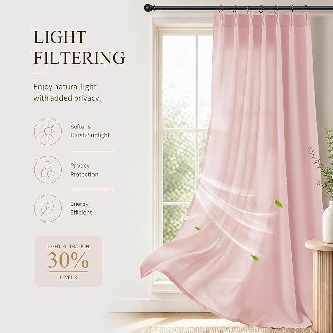 Hokibero Pink Pinch Pleated Linen Curtains 84 Inch Long for Living Room | Light Filtering Semi Sheer Curtain,Back Tab Hooks Rings,Modern Farmhouse Textured Privacy Drapes for Bedroom Window,2 Panels - Image 6