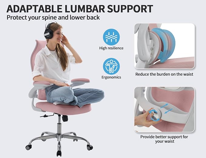 TRALT Office Chair Ergonomic Desk Chair - Gaming Chair with Lumbar Support | 330 LBS Home Office Desk Chairs , Reading Chair with Flip-up Armrests, Comfortable Computer Chairs (1, Pink) - Image 4