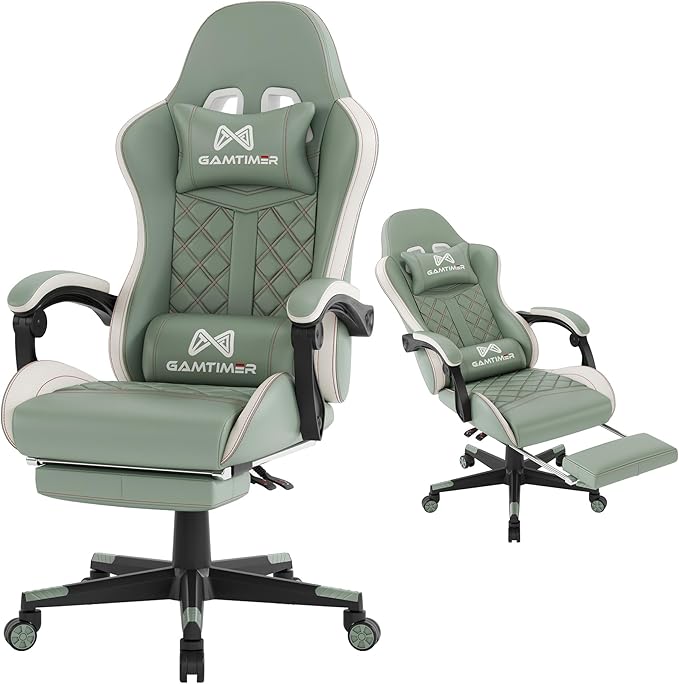 Gamtimer Gaming Chair, 400 LB Weight Capacity,with Pocket Spring Cushion | Ergonomic Backrest Office Chair,Leather, with Headrest and Lumbar Support, Footrest, Suitable for Adults(Green) by GAMTIMERBrandHome