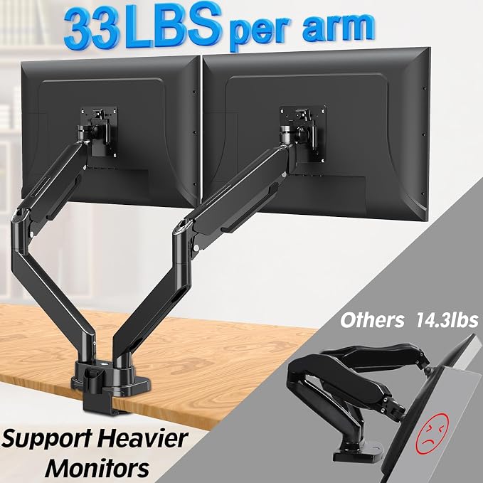 MOUNTUP Dual Monitor Mount Fits Max 39'' Screen, Ultrawide Dual Monitor Desk Mount Hold 4.4-33 lbs, Adjustable Gas Spring Double Monitor Arms, Computer Monitors Stand with USB, VESA Monitors Bracket - Image 5