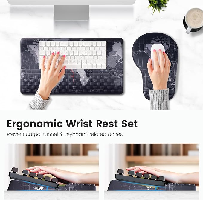 Ospelelf Ergonomic Mouse Pad and Keyboard Stand Wrist Rest Set, Memory Foam Comfort, Pain Relief for Typing, Office Desk Accessories, Map - Image 2
