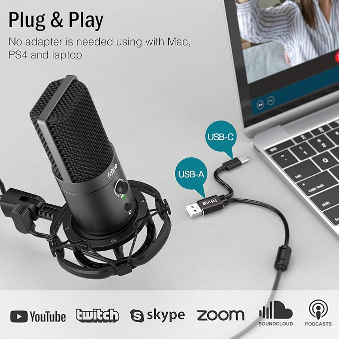 FIFINE T683 USB Microphone Kit with Arm Stand for Podcast, Recording | Studio Mic Bundle for Twitch Discord, Condenser Mic Set for YouTube Zoom, Mute Button & Gain, USB C & A Plug - Image 5