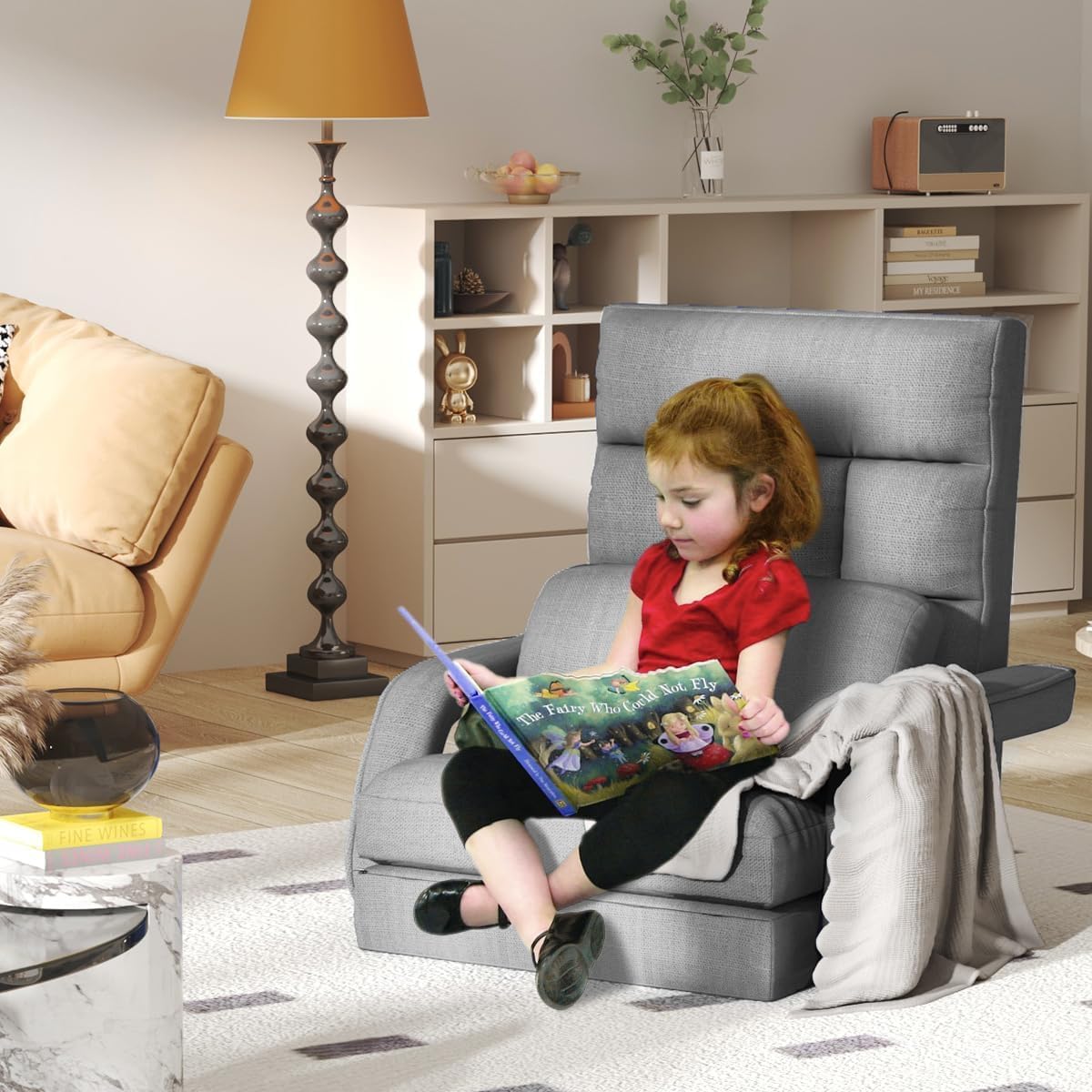 Floor Gaming Chair, 6 Position Adjustable Indoor Chaise Lounge for Teens Adults, Padded Folding Sofa with Armrests and Pillow, Comfy Chair for Meditation, Reading, Light Grey - Image 5