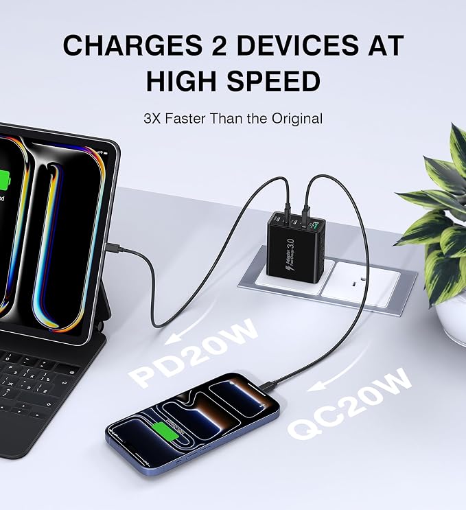 [2-Pack] USB C Wall Charger, 60W Type C Charger Block 5-Port Fast Charging Blocks,3USB C+2USB A Multiport Plug,PD Power Adapter Brick Cube for iPhone 17/16/15/14/13/Pro,iPad,Samsung,for Switch（Black） - Image 3