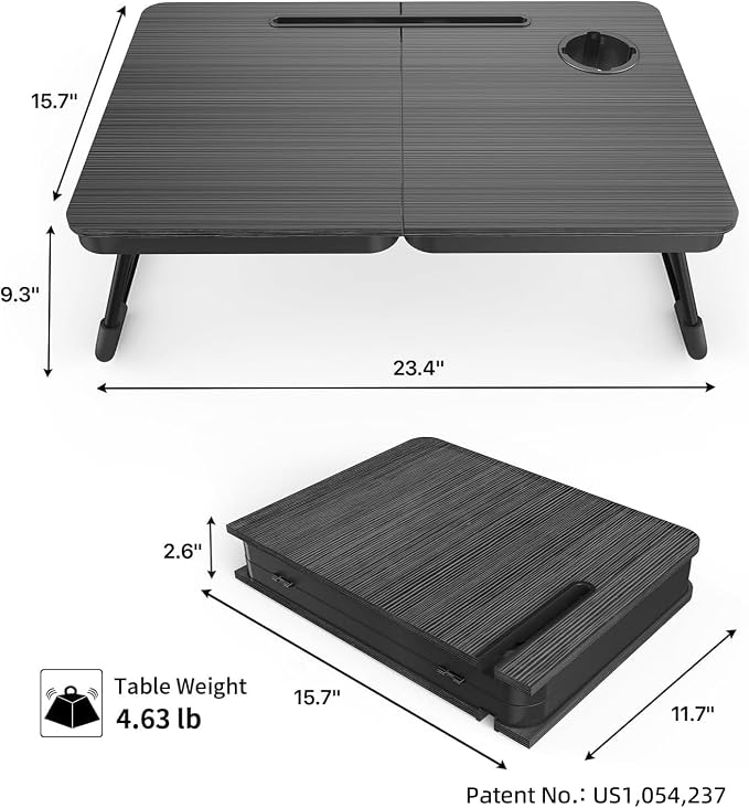 BUYIFY 23.4" Foldable Lap Desk Bed Table with Cup Holder Tray Black | Portable Folds Flat for Easy Storage, No Assembly Laptop Bed Desk, Sturdy and Lightweight, Patent Design - Image 2