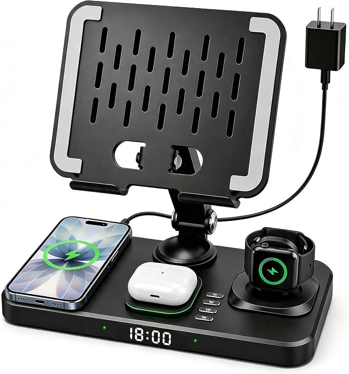 Wireless Charging Station for Apple Devices, Only for Apple Watch Charging | Included Type-C Cable for Tablet Charging, Foldable Wireless Charging Station, 7 Cycling Ambient Lights, Time Clock Display by Hostena