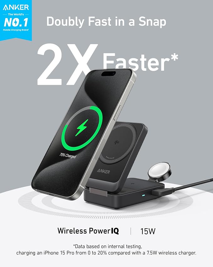 Anker MagGo 3-in-1 MagSafe-Compatible Qi2 15W Foldable Charging Station | Qi2-Certified Wireless Charging Stand for iPhone 17 - 12 Series, AirPods, Apple Watch Ultra(Non-Battery, Adapter Included) - Image 2