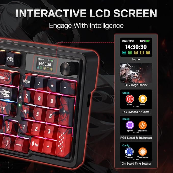 Redragon K719 PRO Wireless RGB Gasket Gaming Keyboard, Dye-Sub Anime Keycap | Easy-Control LED Info Display, 0-Delay Tri-Mode, Cushioned 5-Layer Noise Dampening for Creamy Thocky Sound, 95% Layout - Image 5