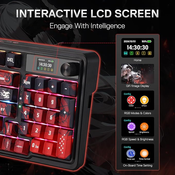 Redragon Anime Keyboard & Mouse Combo, K719 PRO KB + M612AK 8000 DPI Mice | Multi-Function Control Knob, LED Screen & Knob, 0-Delay Tri-Mode, 95 keys Creamy Cushioned Typing, 9 Button Macro Combos - Image 5