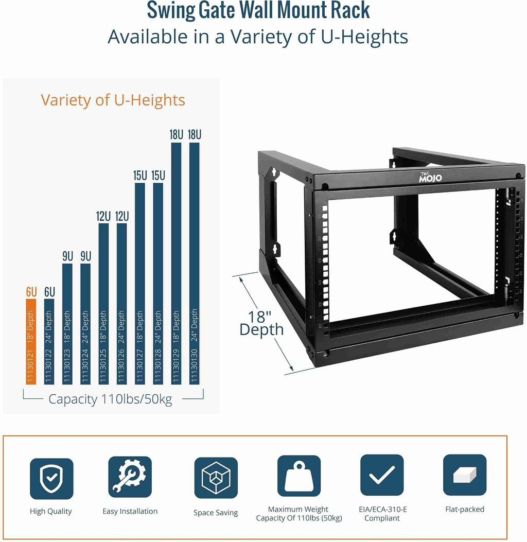 Tecmojo 6U Wall Mount Server Rack, Open Frame Network Rack for 19" Computer/AV/Data/IT/Media Equipment, 18" Depth, 16" Apart Mounting Holes, Swing Gate, Square and Tapped Holes - Image 5