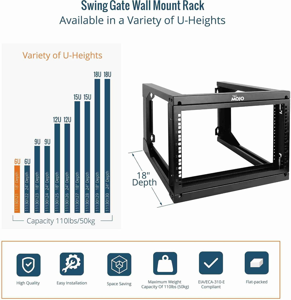 Tecmojo 6U Wall Mount Server Rack, Open Frame Network Rack for 19" Computer/AV/Data/IT/Media Equipment, 18" Depth, 16" Apart Mounting Holes, Swing Gate, Square and Tapped Holes - Image 5