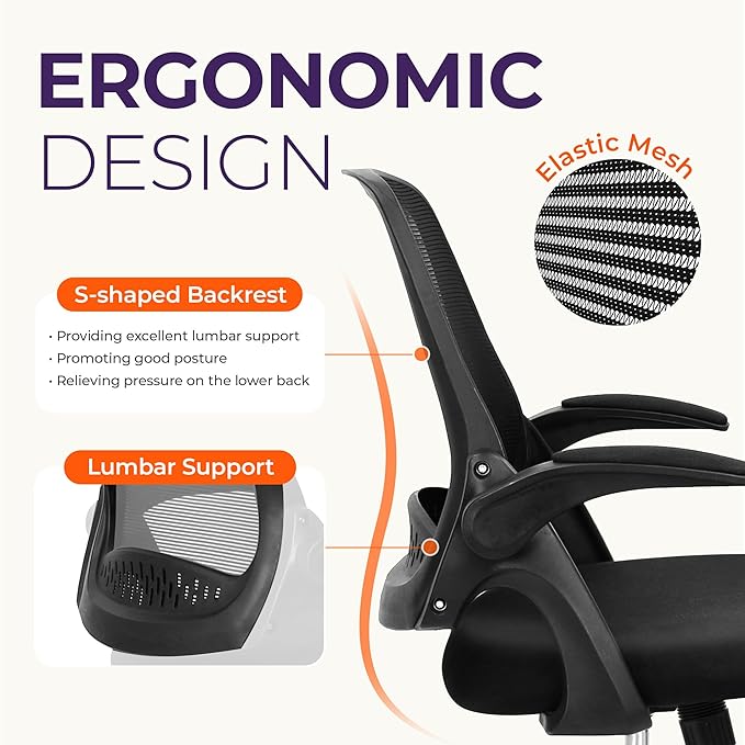 NEO CHAIR Office Desk Chair, Ergonomic Mesh with Flip-Up Arms, All Black | Lumbar Support, Height Adjustment, 360° Swivel and Rolling Base, Space-Saving Design for Home Office, Vanity or Study - Image 4