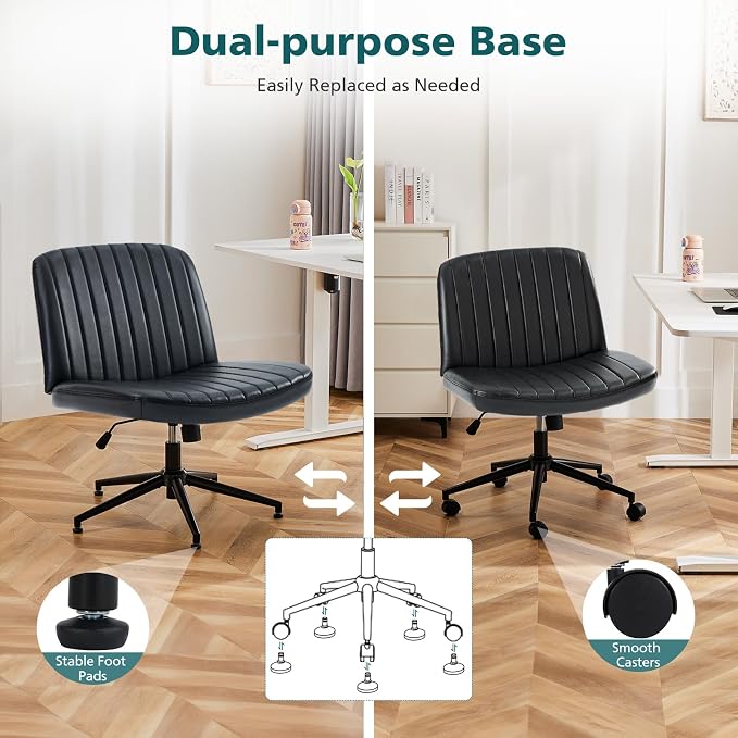OLIXIS Criss Cross Chair with Wheels, Vanity Chair, Home Office Desk | Wide Seat Armless, Faux Leather, Height Adjustable Swivel Rolling, Home Computer Task Seating for Bedroom Study, Black PU - Image 7
