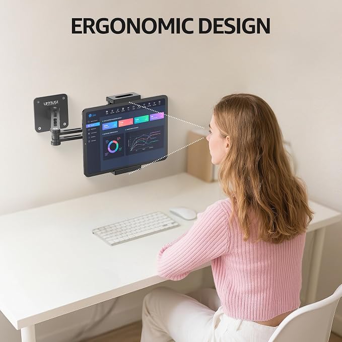 Dual Arm Tablet Wall Mount Ipad Holder, 4.7-13" | 360° Rotation Adjustable, Aluminum Extendable Arm, For iPad mini/Air/Pro/Galaxy Tab/Kindle, Kitchen Home Office - Image 6