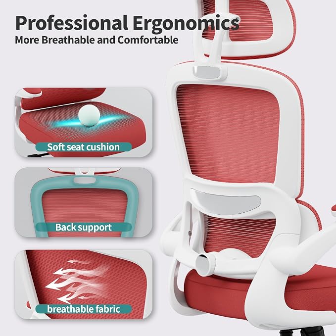 TRALT Office Chair Ergonomic Desk Chair - Gaming Chair with Lumbar Support | 330 LBS Home Office Desk Chairs with Headrest, Reading Chair with Flip-up Armrests, Comfortable Computer Chairs (1, Red) - Image 3