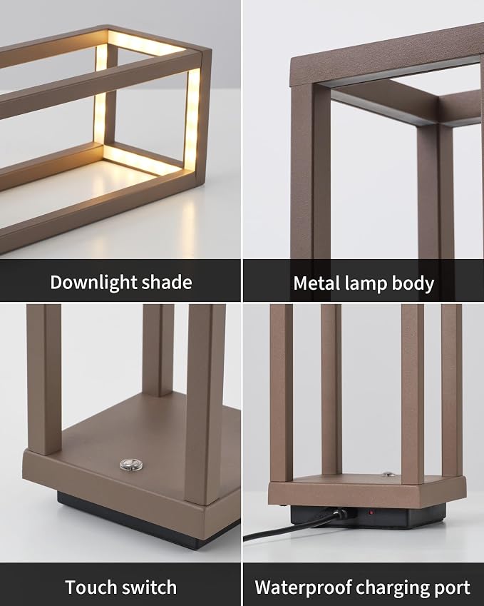 PUSU Cordless Waterproof Table Lamps Set of 2, Brown LED Outdoor Desk Lamp | Rechargeable 4000mAh Battery Operated, 2700K 3-Level Dimmable, Portable Lighting for Patio, Camping, Bedroom, Night Light - Image 9