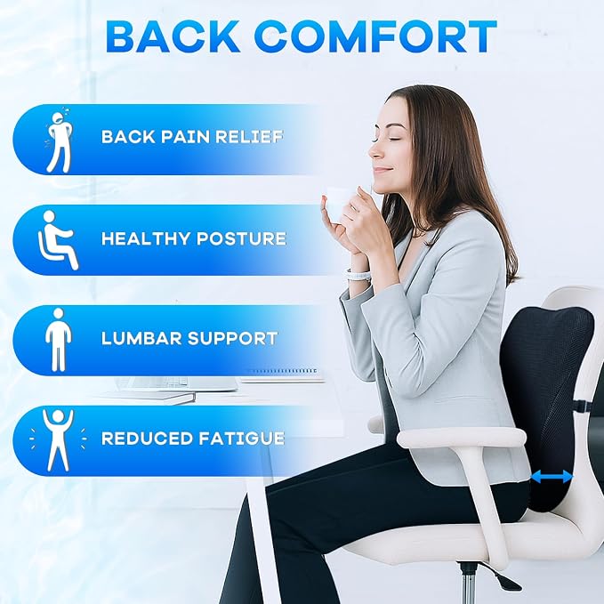 Gel Seat Cushion & Lumbar Support Pillow Set, Cooling Memory Foam for Tailbone & Sciatica Pain Relief, Ergonomic Office Chair Cushion with Breathable Mesh Cover for Car, Home, Wheelchair (Black) - Image 6