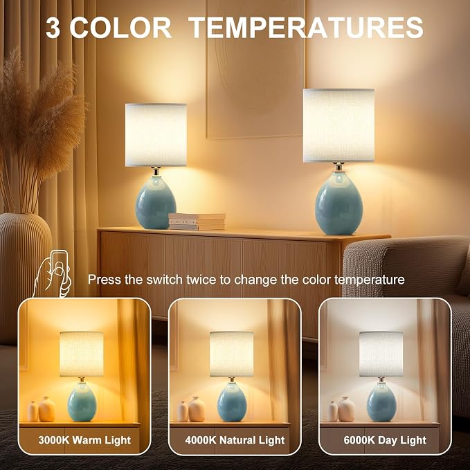 18.5" Ceramic Table Lamps Set of 2 for Living Room Bedroom, Blue | Bedside Lamps for Bedroom Nightstand, Ice Crackle Home Bedroom Living Room Decor, Linen Fabric Shade, 3-Color Temperature - Image 3