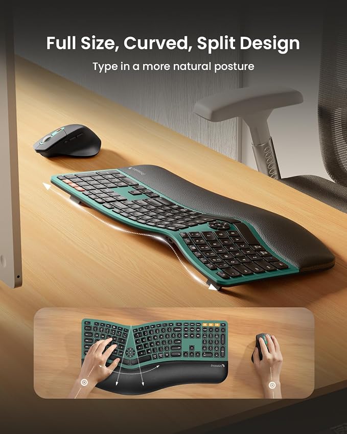 ProtoArc EKM01 Plus Wireless Ergonomic Keyboard Mouse Combo - Green | Full-size Split Keyboard with Cushioned Wrist Rest, Ergonomic Mouse, 3-Device Bluetooth/2.4G, USB-C Rechargeable - Image 2