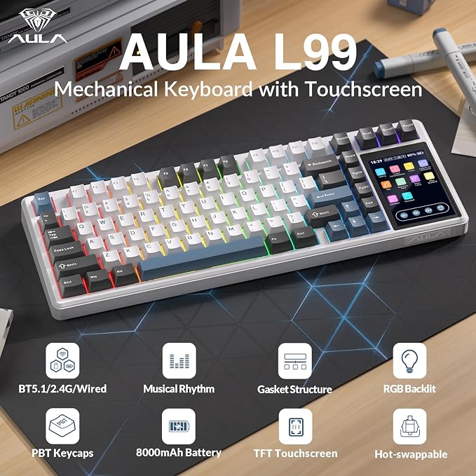 Aula L99 Wireless Mechanical Gaming Creamy Keyboard with Smart Touch Screen - Image 2