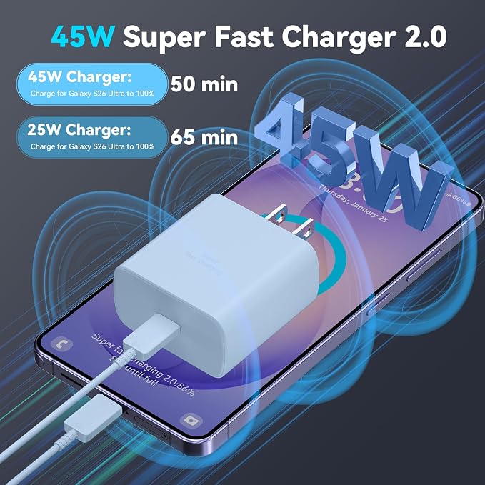 45W Super Fast Charger USB Type C Charger Cord 6.6FT with Android Phone Charger Fast Charging Block for Samsung Galaxy S26/S26 Ultra/S26+/S25/S25 Ultra/S25+/S24/S23/S22/S20/S21/Note 20/Note 10, Blue - Image 2