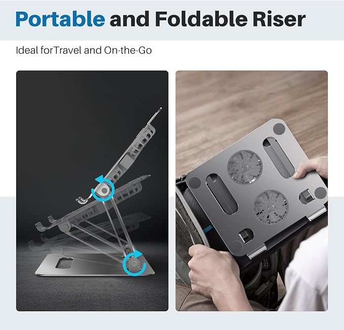 YICOSUN Adjustable Laptop Cooling Stand with 2 Quiet Fans & RGB Lighting, Aluminum Alloy & Foldable Ergonomic Design for MacBook, Lenovo, ASUS, Dell 10-16 Inch, Perfect for Gaming, DJ, Office - Gray - Image 6