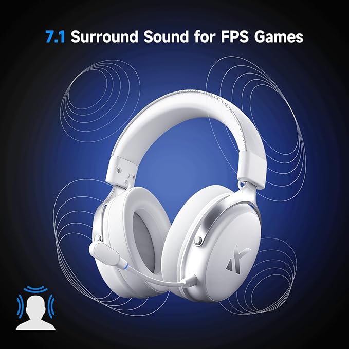 V9 PRO Wireless Gaming Headset 7.1 Surround Sound for PS5 PS4 PC SWITCH TOPSPEED Gaming Headphones, Noise Canceling Mic, 250Hr Battery, Low 15ms Latency, Lightweight, BT 5.3 FPS Games Icy&White - Image 4