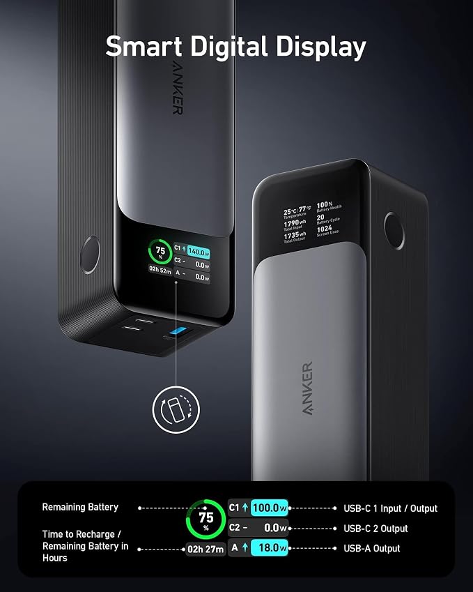 Anker 737 Power Bank, 140W 24,000mAh 3-Port Laptop Charger, Smart Display | Fast Multi-Device Charging, for iPhone 16 / 15 / 14 Series, Vision Pro, Samsung, MacBook, and More - Image 5