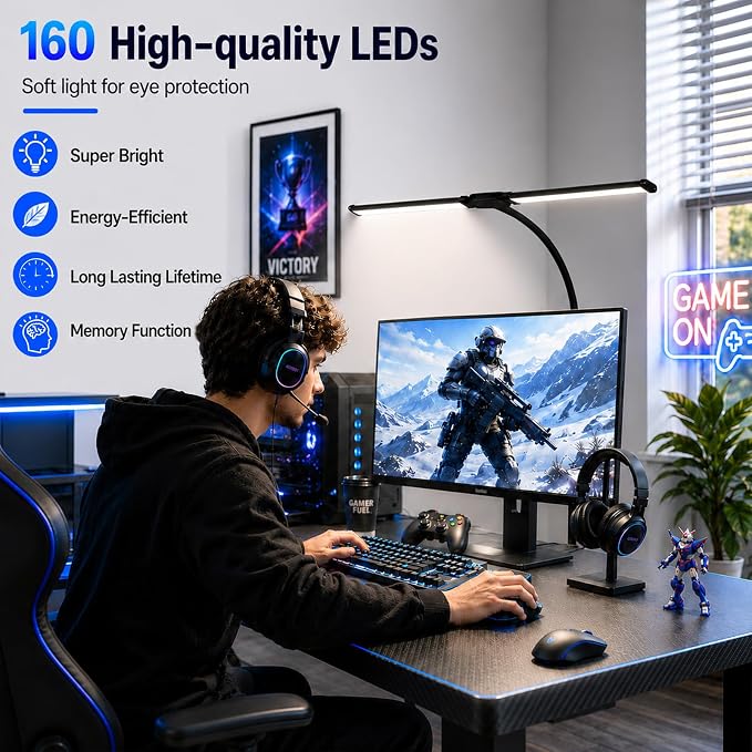 LED Desk Lamp for Home Office, Eye-Care Architect Light with Clamp, Double Head Computer Monitor Table Light with 3 Color Modes 10 Brightness, Adjustable for Reading, Study, Workbench, Black - Image 5