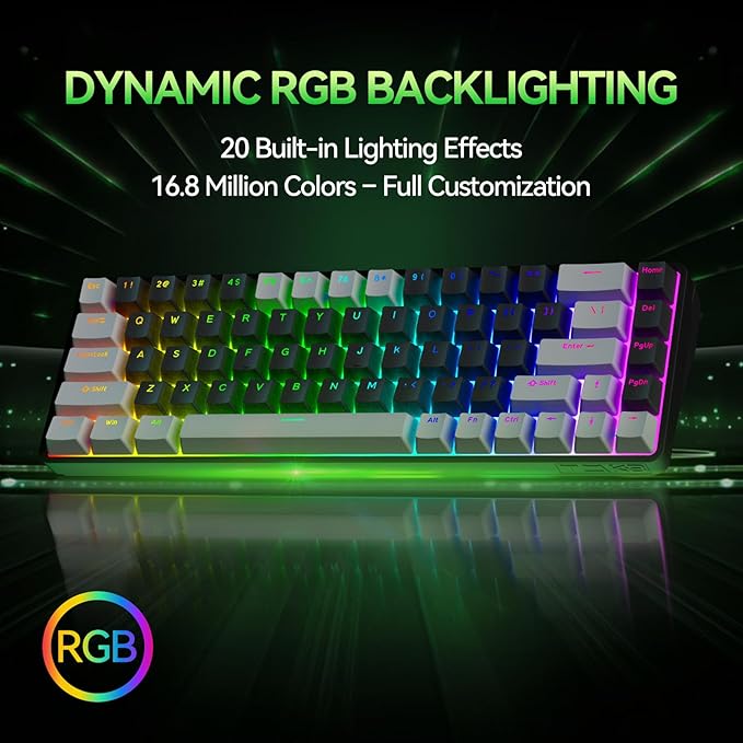 TMKB T68 60% Wireless Mechanical Gaming Keyboard, Tri-Mode BT5.0/2.4GHz/USB-C with Clicky Blue Switch, RGB Backlight, Anti-Ghosting, Compact 68 Keys, Wired/Wireless, Gray/Black - Image 4