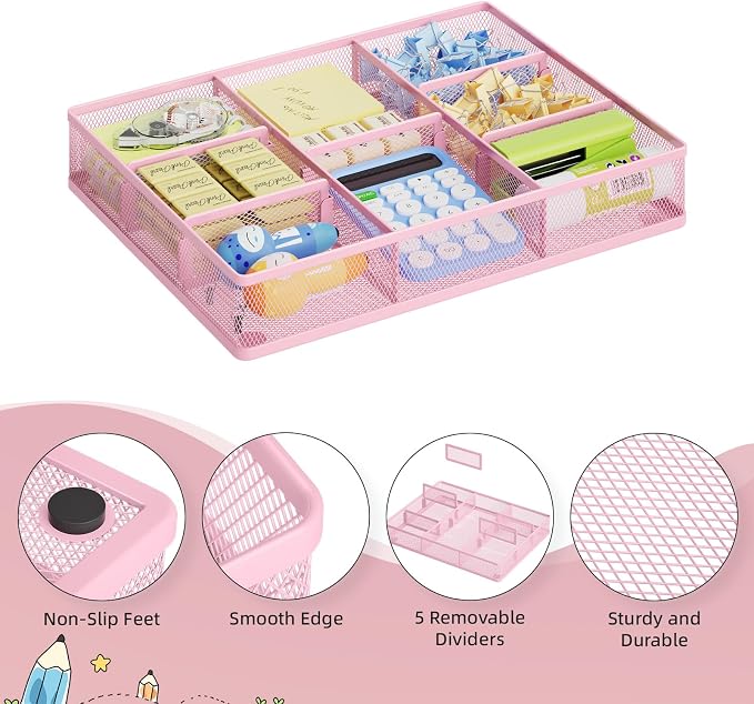 Marbrasse Pink Desk Drawer Organizer, Metal Mesh Drawer Organizer Tray with 5 Adjustable Compartments,Desk Organizers and Accessories for Home,Office,Kitchen,Makeup,Vanity (Pink) - Image 4